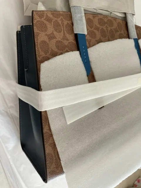 Coach Charlie Carryall Tan Dark Denim Colorblock Signature Canvas Charcoal Handbag NEW