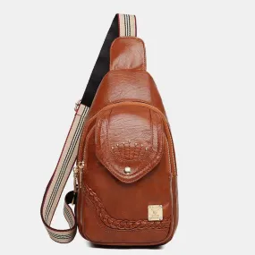 Faux Leather Small Sling Backpack Multipurpose Double Zip Chest Bag Rushsack